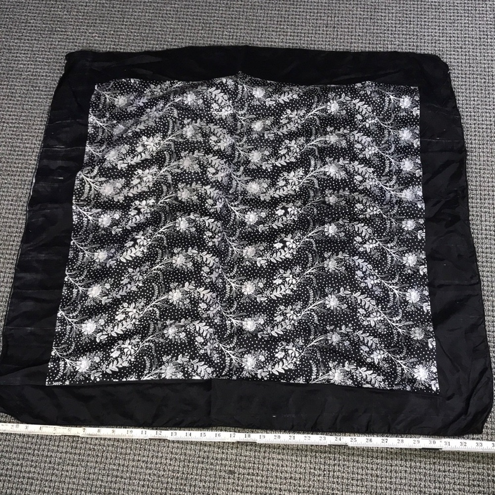 Black Floral Border Silk Scarf 33”